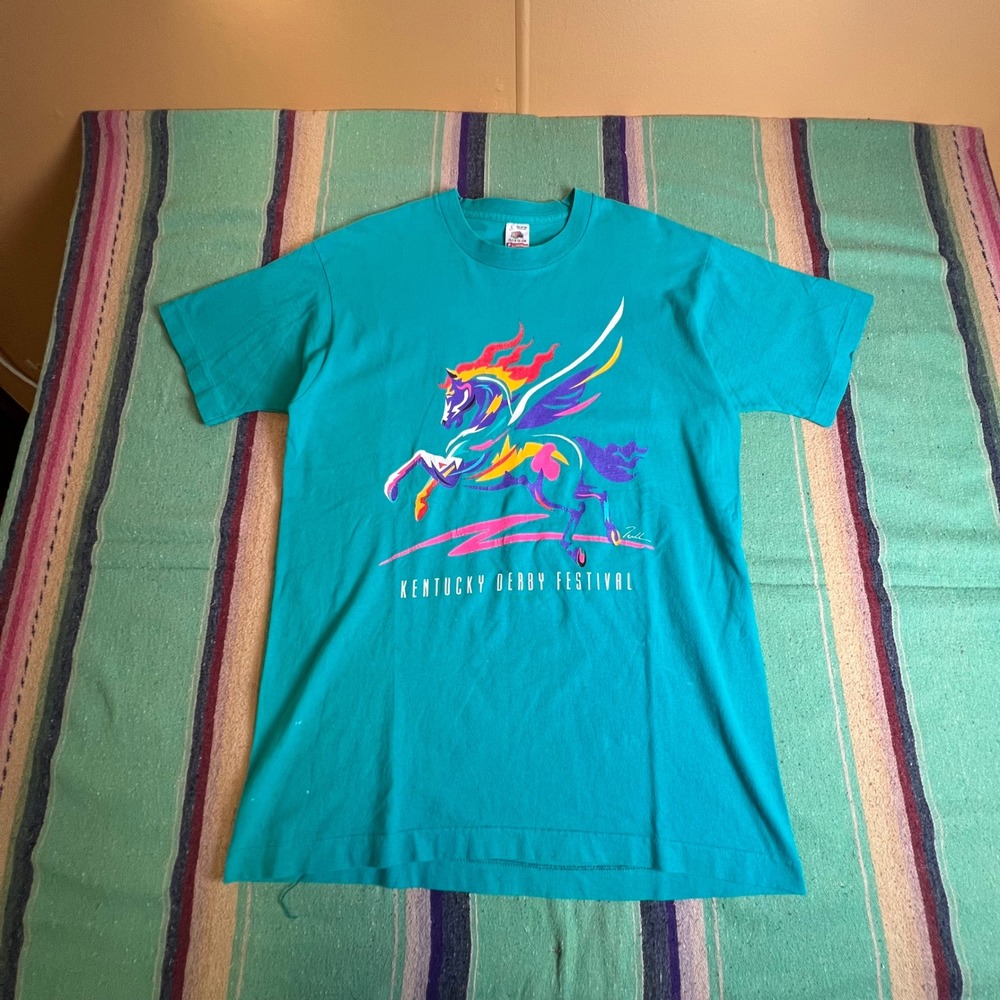 Kentucky derby T-Shirt Mens L Teal fruit of the loom Festival Pegasus Vintage